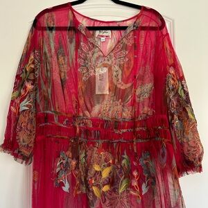 Johnny Was Sheer Red Mesh Blouse with Floral Detail